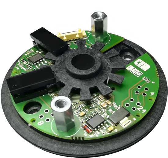 Optical incremental encoder for brushed DC motors, designed for low-cost applications. It can work with a wide voltage range and can be supplied with different resolutions.